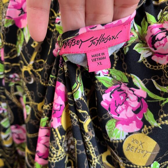 Betsey Johnson Floral Chain Print Blouson Top XL Pink Roses Boho Glam - Picture 6 of 10